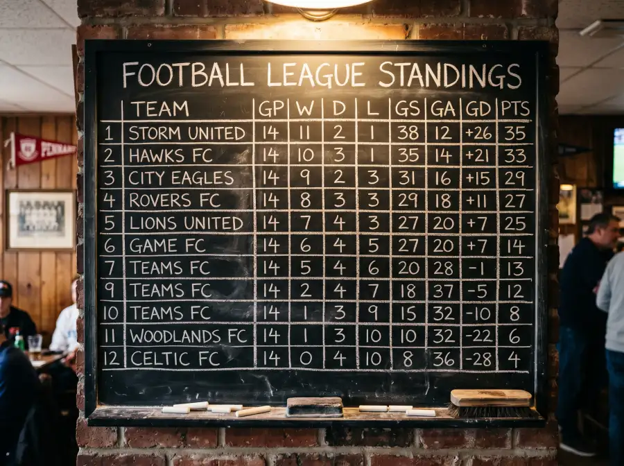 Tabla clasificatoria de liga de futbol escrita con tiza en una pizarra negra