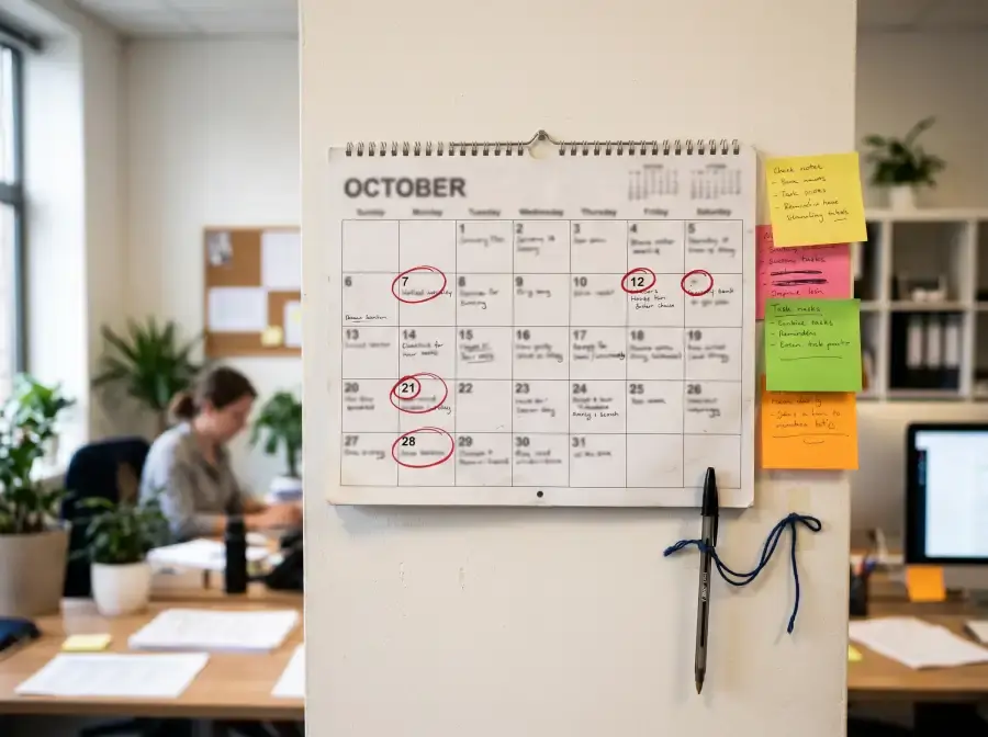 Calendario de pared con fechas marcadas junto a un boligrafo y notas adhesivas
