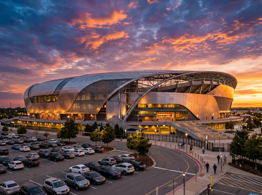 Exterior de un estadio de futbol moderno con fachada metalica iluminada al atardecer