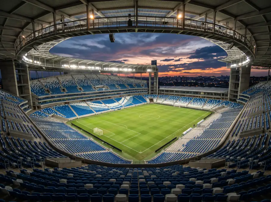 Vista panoramica del interior de un gran estadio de futbol con gradas llenas de asientos azules y blancos