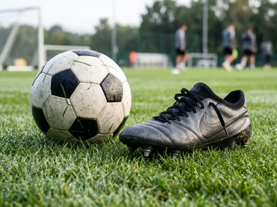 Bota de futbol profesional sobre cesped natural junto a un balon en un campo de entrenamiento