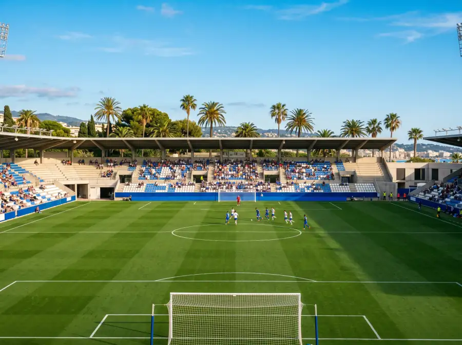 Campo de futbol profesional con gradas parcialmente vacias bajo un cielo azul mediterraneo