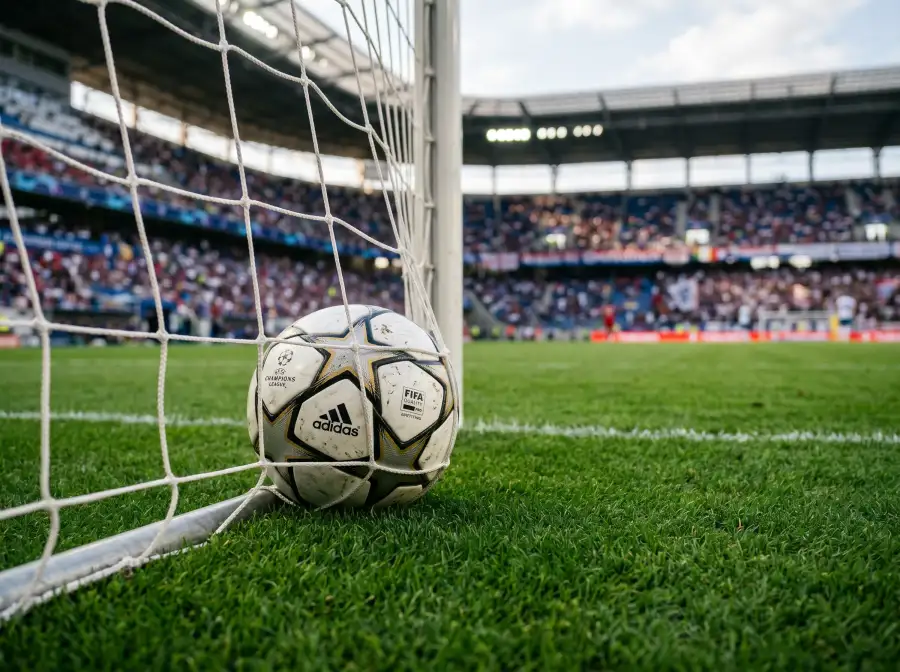 Balon de futbol junto a la red de una porteria en un campo de cesped profesional