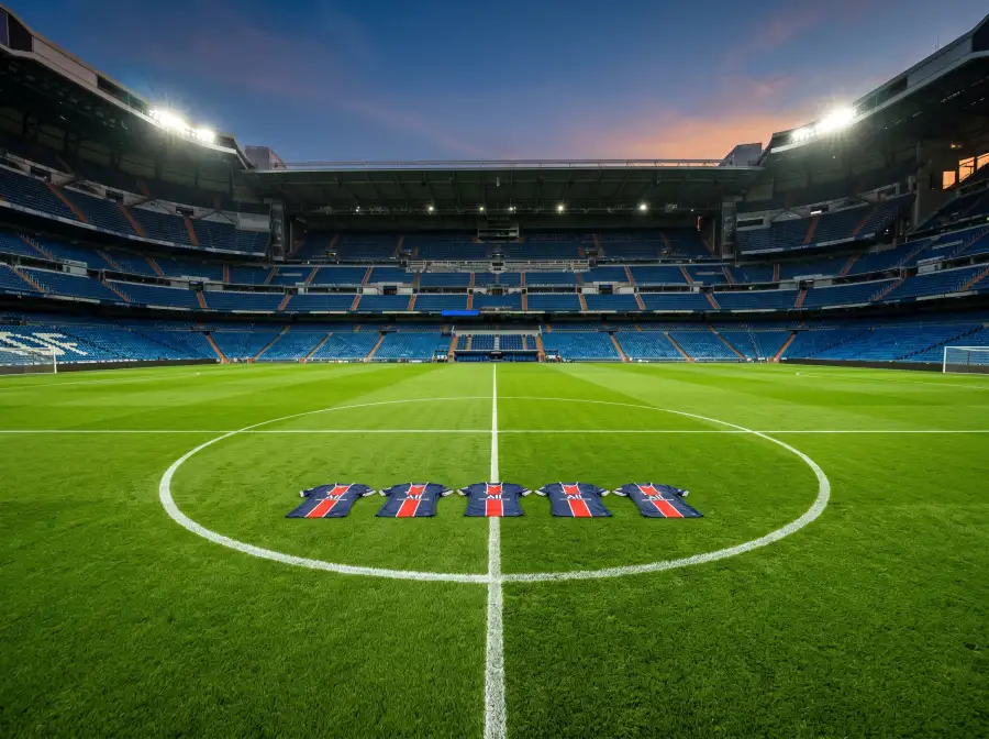 Estadio de futbol con camisetas del Paris Saint-Germain sobre el cesped antes de un partido de la Ligue 1
