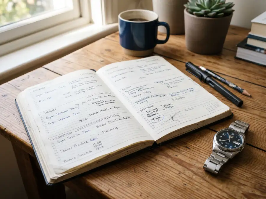 Agenda abierta mostrando semanas con anotaciones deportivas junto a un reloj de pulsera