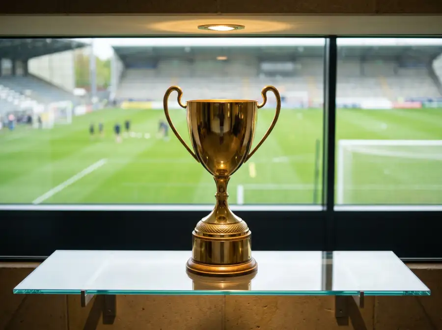 Trofeo dorado de futbol sobre una vitrina con un campo de juego desenfocado al fondo