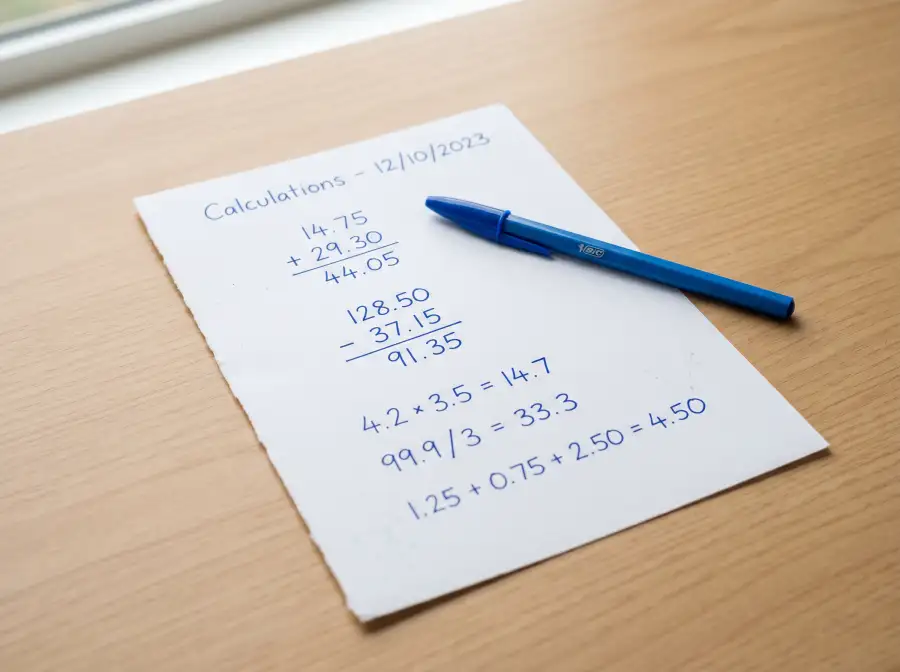 Hoja de papel con numeros decimales escritos a mano junto a un boligrafo sobre una mesa blanca