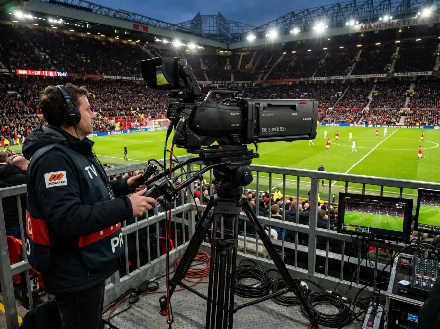 Camara de television profesional enfocando un campo de futbol desde la zona de retransmision