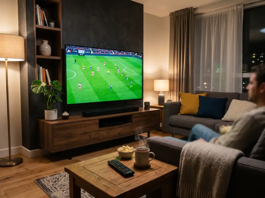 Television de pantalla grande mostrando un campo de futbol verde en un salon moderno