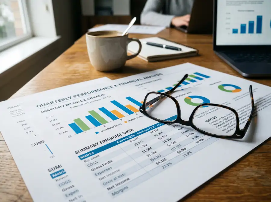 Informe financiero impreso con graficos de barras sobre un escritorio junto a unas gafas de lectura
