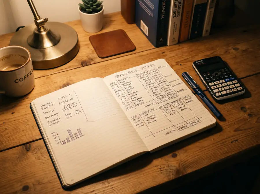 Libreta abierta con anotaciones numericas junto a una calculadora sobre un escritorio ordenado