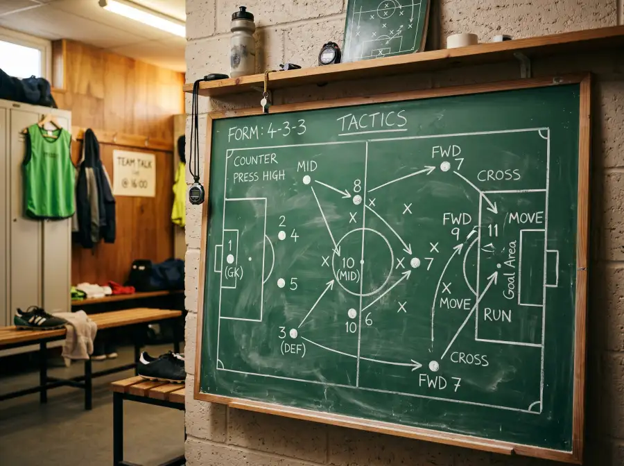 Pizarra tactica de futbol con flechas y posiciones de jugadores dibujadas con tiza