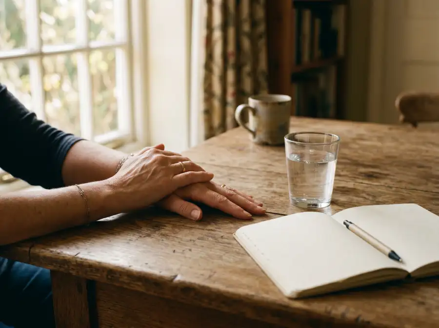 Manos apoyadas sobre una mesa de madera junto a un vaso de agua y una libreta en blanco