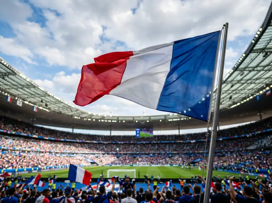 Bandera francesa ondeando con un estadio de futbol desenfocado al fondo