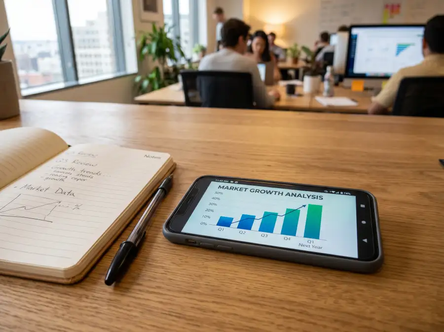 Telefono movil sobre una mesa mostrando una pantalla con graficos de crecimiento