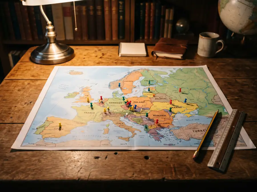 Mapa de Europa impreso en papel extendido sobre una mesa con chinchetas de colores