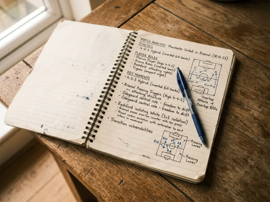 Cuaderno abierto con notas manuscritas de analisis de futbol junto a un boligrafo sobre una mesa de madera