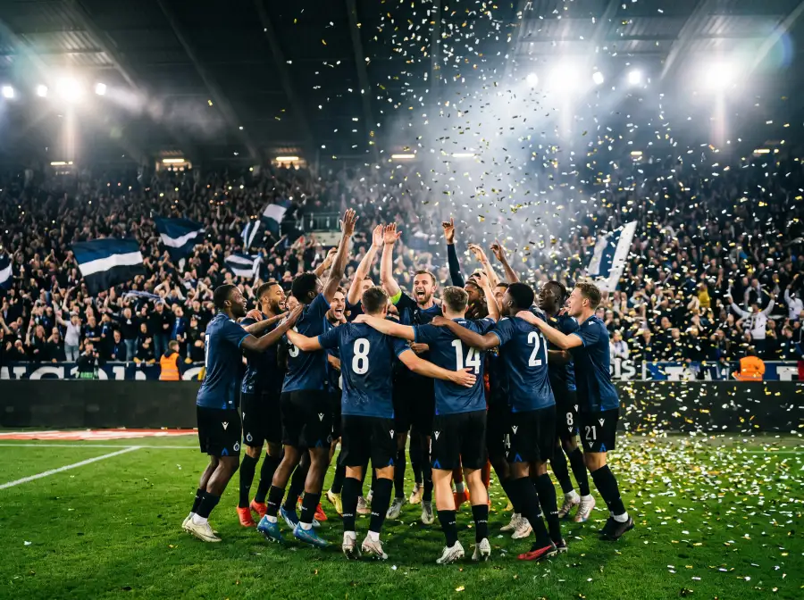 Jugadores del PSG celebrando un título en el Parc des Princes con ambiente nocturno