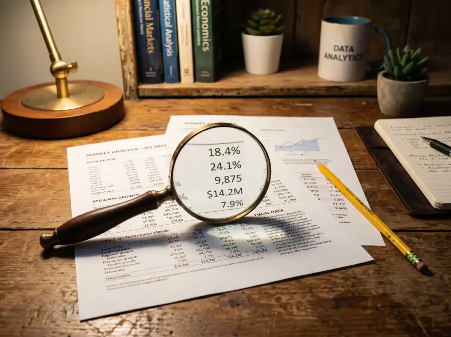 Lupa sobre una hoja de papel con numeros y porcentajes impresos en una mesa de trabajo